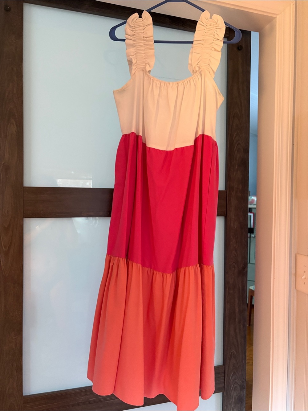 Victoria Dunn Ruffle Strap Dress in White, Pink & Coral